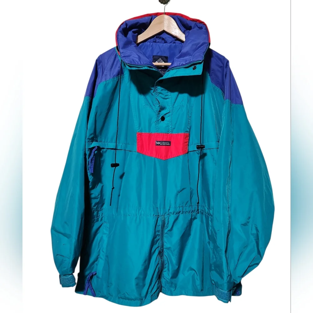 Vintage 90's Columbia Teal Anorak Retro Hideaway Hood Radial Sleeve Large